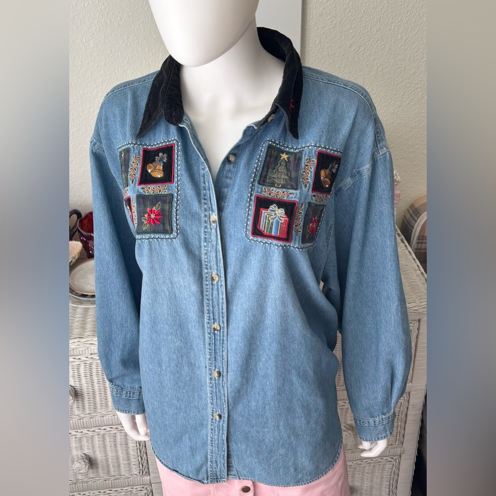 Quizz Ugly Christmas Shirt Blue Denim Cotton Black Corduroy Collar Plus Size 22